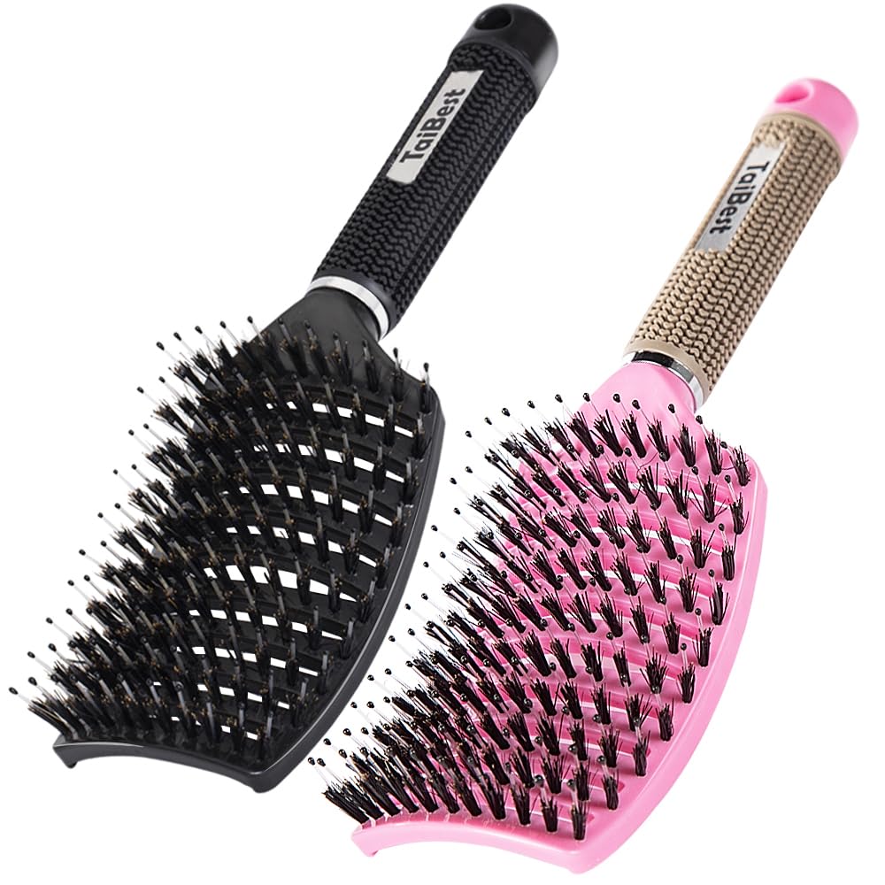 Boar Bristle Brush Set - Detangling Brush for Fine, Thick, Curly Hair - Curved & Vented Design for All Ages