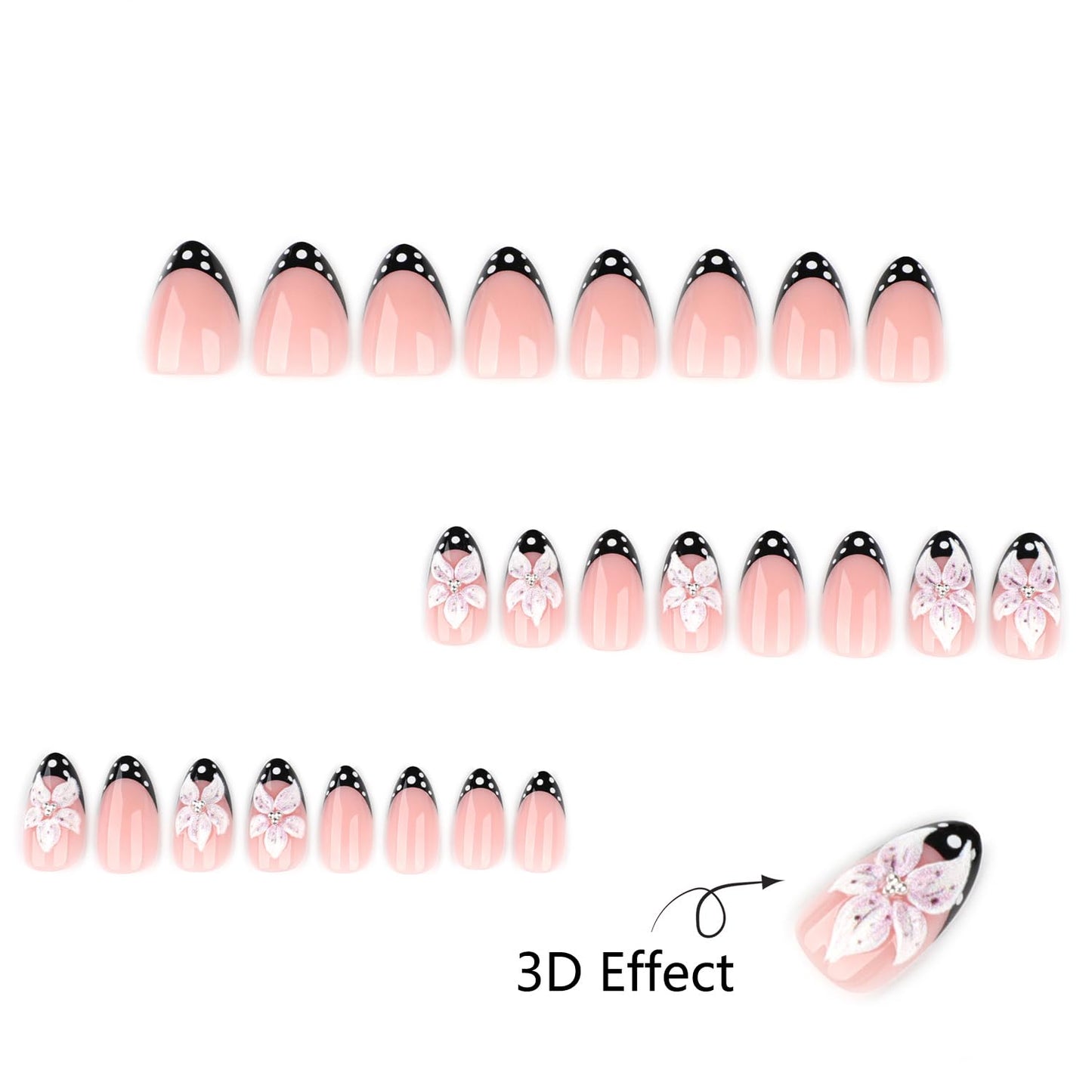 Mivota Luxury Press-On Nails | Short Almond French Tip in Nude Pink with 3D Flower & Polka Dot Design - Reusable, Salon Quality