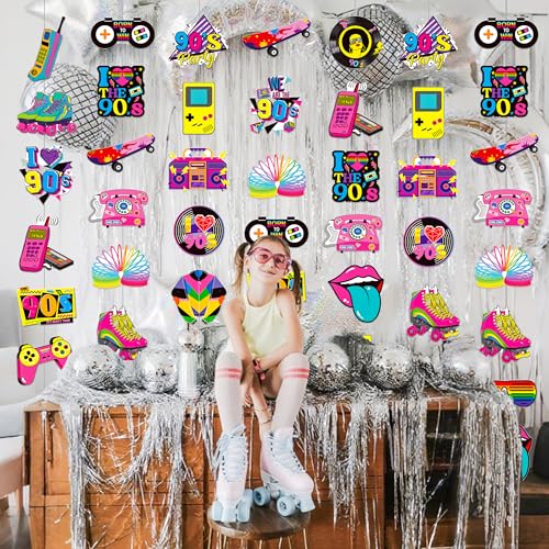 90s Party Hanging Decorations - 8 Retro Garlands for Themed Events