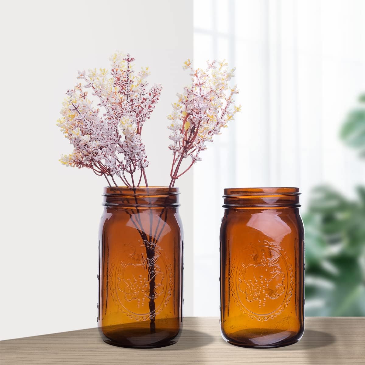 Amber Glass Mason Jars - 32 oz Wide Mouth Canning Jars with Airtight Lids | 6 Pack for Pickling & Fermenting