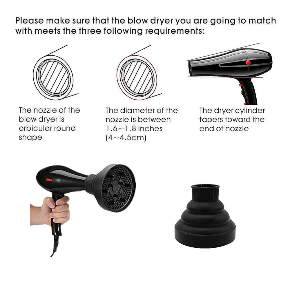 Hair Diffuser Attachment for Curly Hair - Collapsible & Portable Design | Fits 1.65-1.9In Hair Dryers (Black)