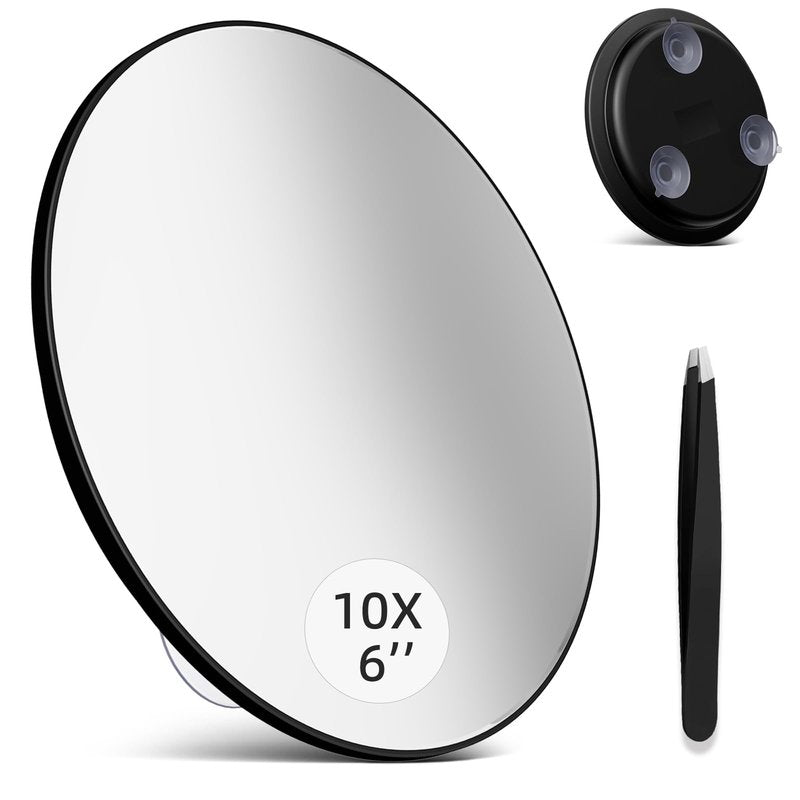 Saiggnyy 10x Magnifying Mirror, Large 6" Round, Black Framed, Wall Mount, Modern Style, Travel & Bathroom Use, Black - 10x