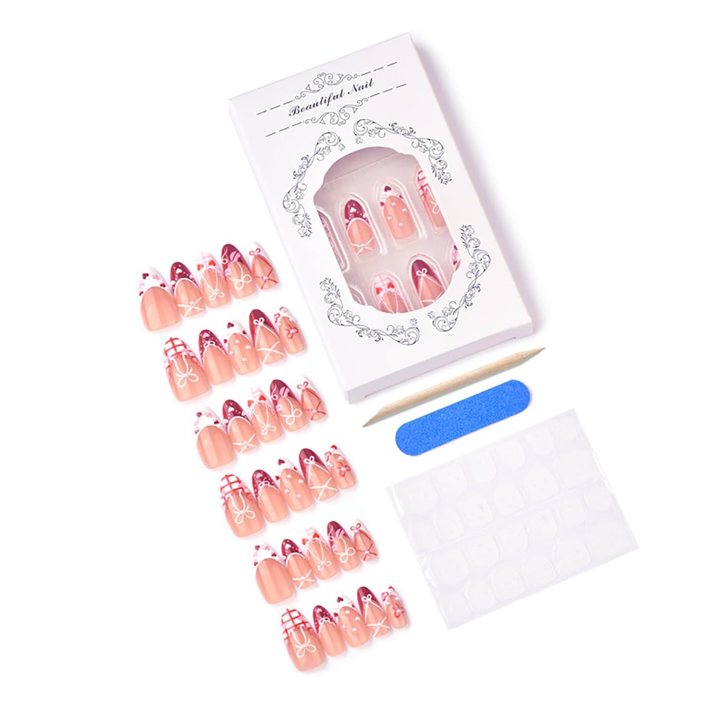 Valentine's Press-On Nails - 30Pcs Medium Almond Hearts & French Tips | Cute Pearl Bow Design
