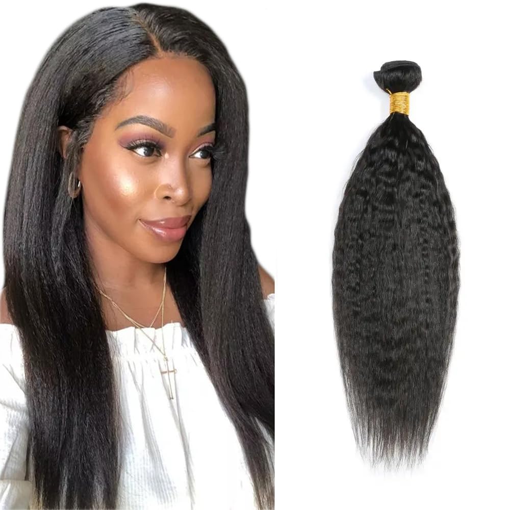 Yaki Human Hair Bundles #1B Yaki Straight Human Hair Bundles 24 inch WuvuSnm Natural Black Kinky Straight Bundle