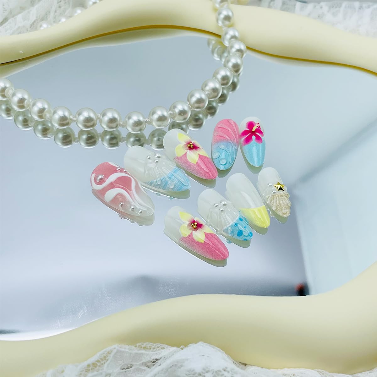 NEWSPIED 24Pcs Blue Flower Almond Acrylic Press On False Nails with 3D Pearl Flower Designs Relief Ripple Artificial French Tips Glue on Nails for Women