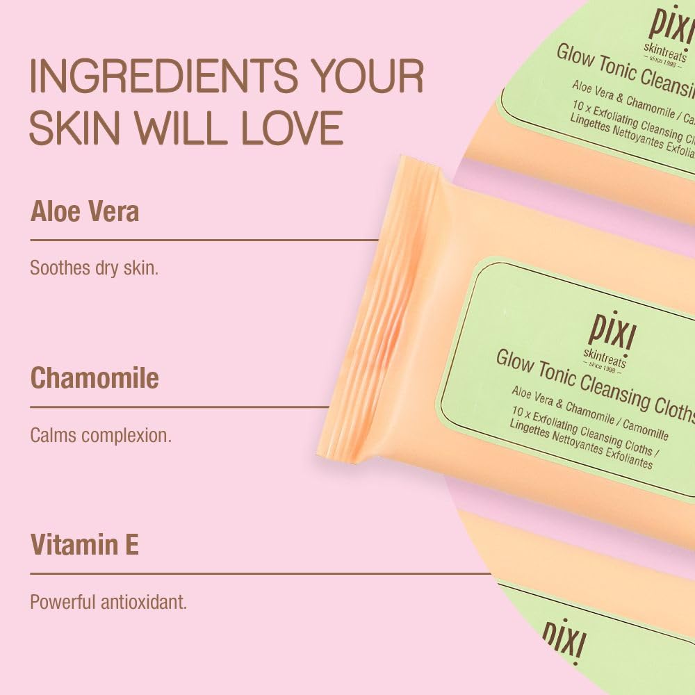 Pixi Beauty Glow Tonic Cleansing Cloths - Exfoliating & Hydrating Face Wipes | Pack of 10 Towelettes