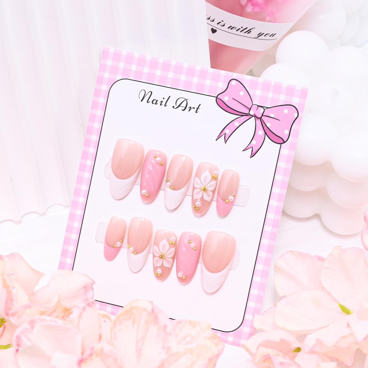 3D Pink Press-On Nails - Almond Medium False Nails with White French Tips & Gold Bead Flower Rhinestones | Cute Acrylic Nail Art for Spring