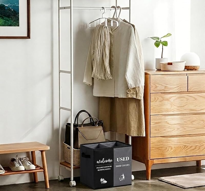 Foldable Shoe Cover Storage Box with Hanger Sign - Dual Compartment Organizer for Entryway