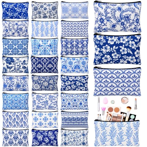Meanplan Blue White Floral Canvas Makeup Bags Bulk, 24 Pouches - Chinoiserie Style