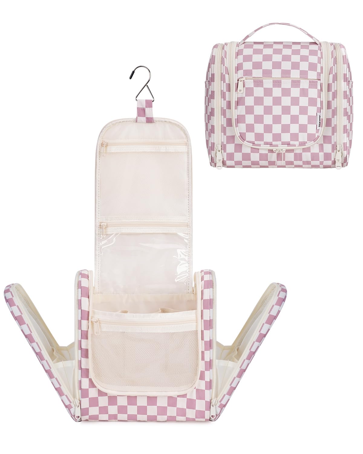 Narwey Large Hanging Toiletry Bag for Women Travel Makeup Bag Organizer Toiletries Bag Dry Wet Separation for Cosmetics Essentials Accessories (Dusty Pink Checkerboard)
