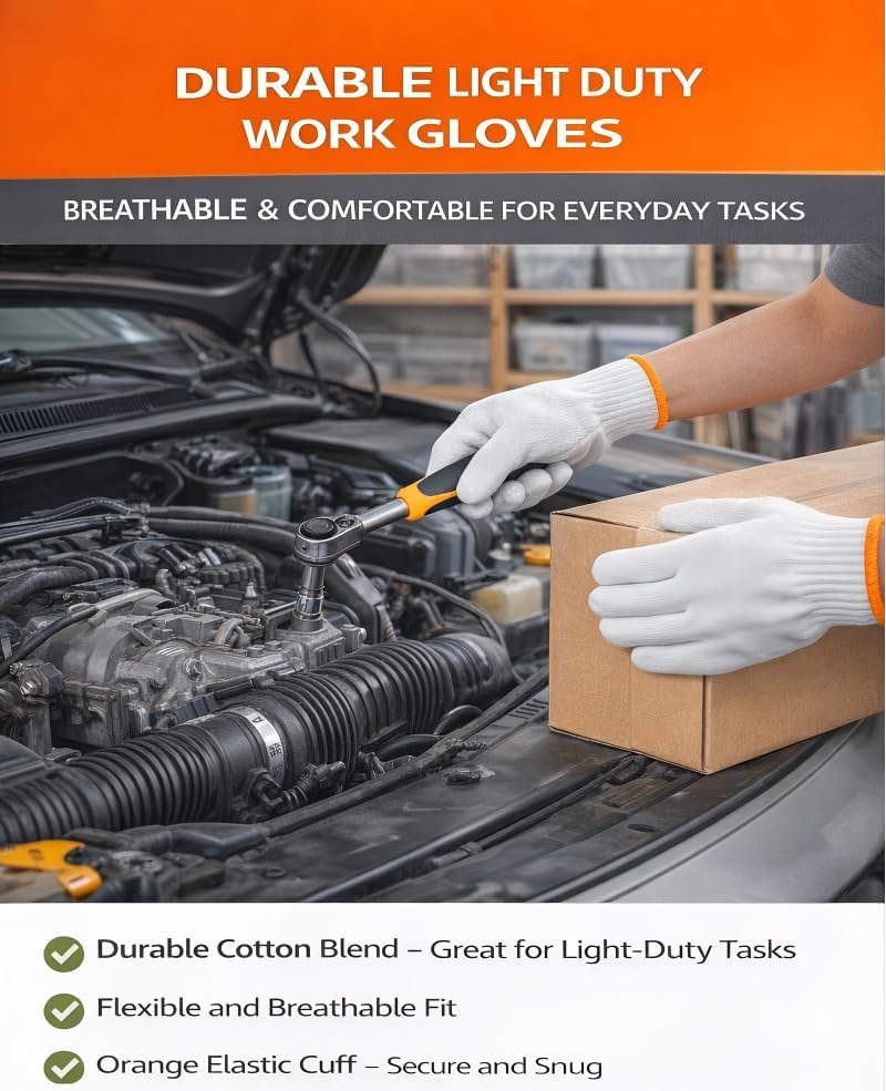 White Cotton Work Gloves - 12 Pairs Reusable Knit Gloves for Men & Women | Soft, Breathable, Washable with Orange Cuff