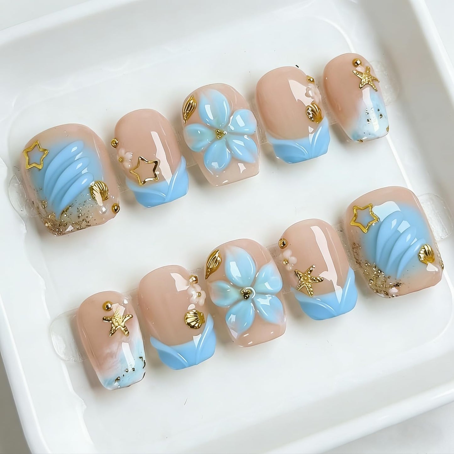 24 PCS 4th of July Press-On Nails | Medium Square Blue French Tip with Red Star Designs for Independence Day