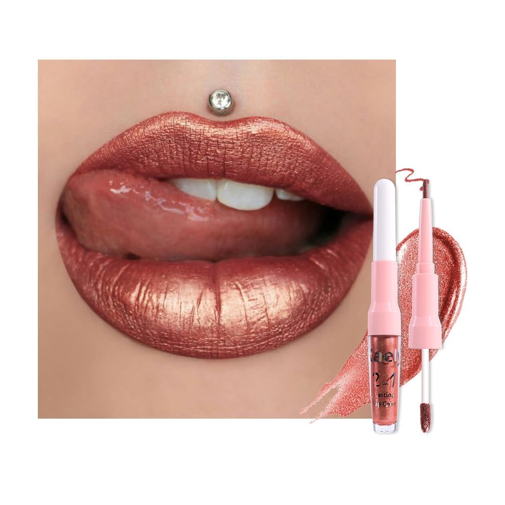 Dark Purple Red Metallic Glitter Lip Liner & Lipstick Combo - Long Lasting Waterproof Liquid Lipstick Set for Women | Iridescent Shine, Non-Stick Cup