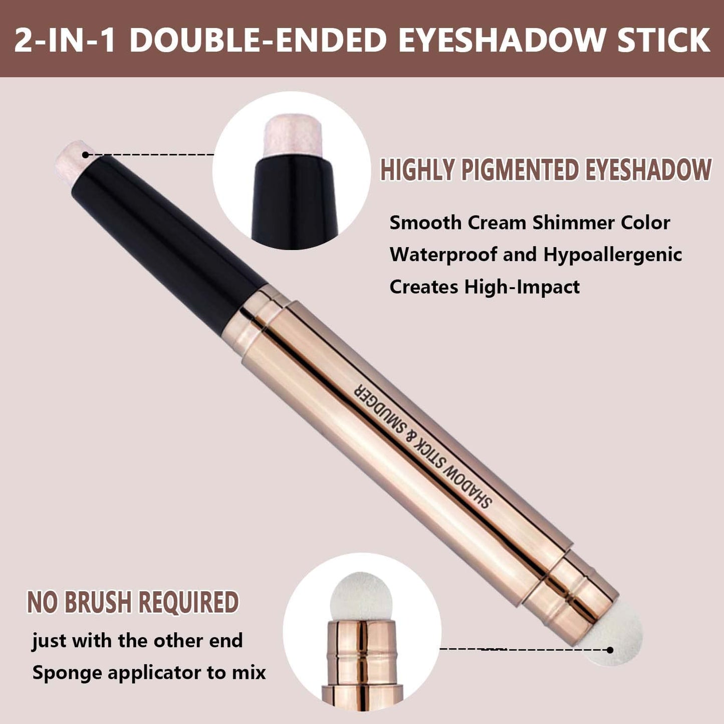Light Gold Eyeshadow Stick - Waterproof Hypoallergenic Crayon Makeup | Long-Lasting Shimmer with Soft Brush
