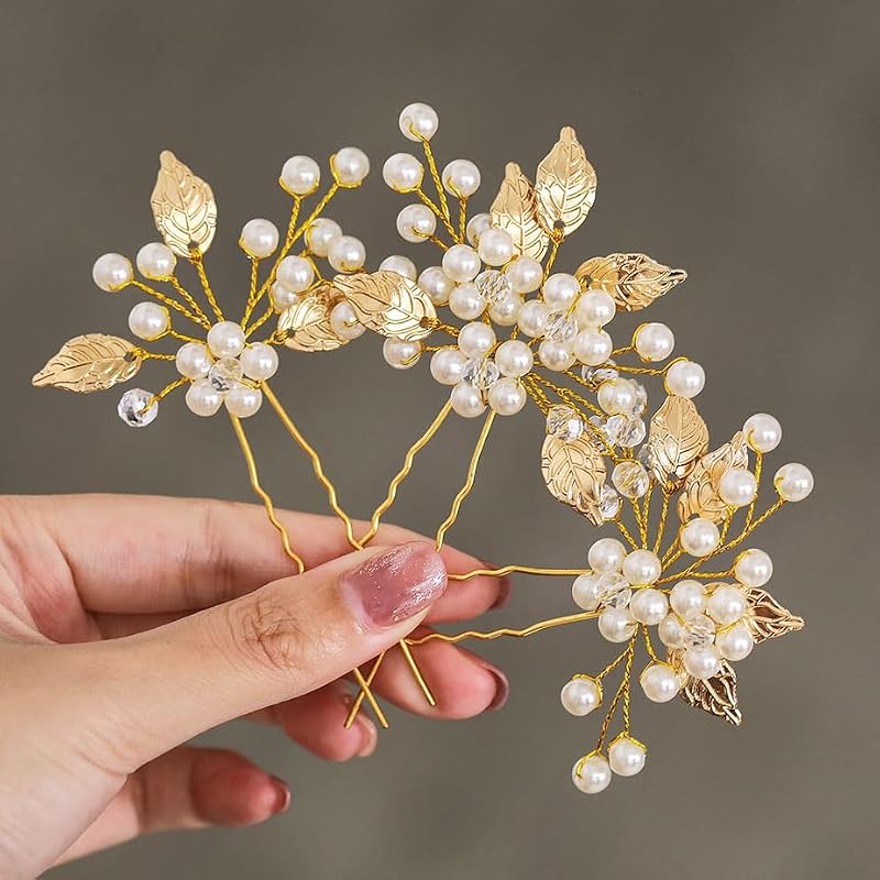 Heread Pearl Bridal Hair Pins Leaf Design Gold 3-Pack for Wedding & Special Occasions