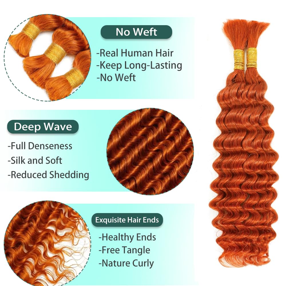 350 Boho Human Hair for Boho Braids Ginger Braiding Hair Orange Deep Curly 2 Bundles 26 26 Inch No Weft Brazilian Virgin Deep Curly Extensions