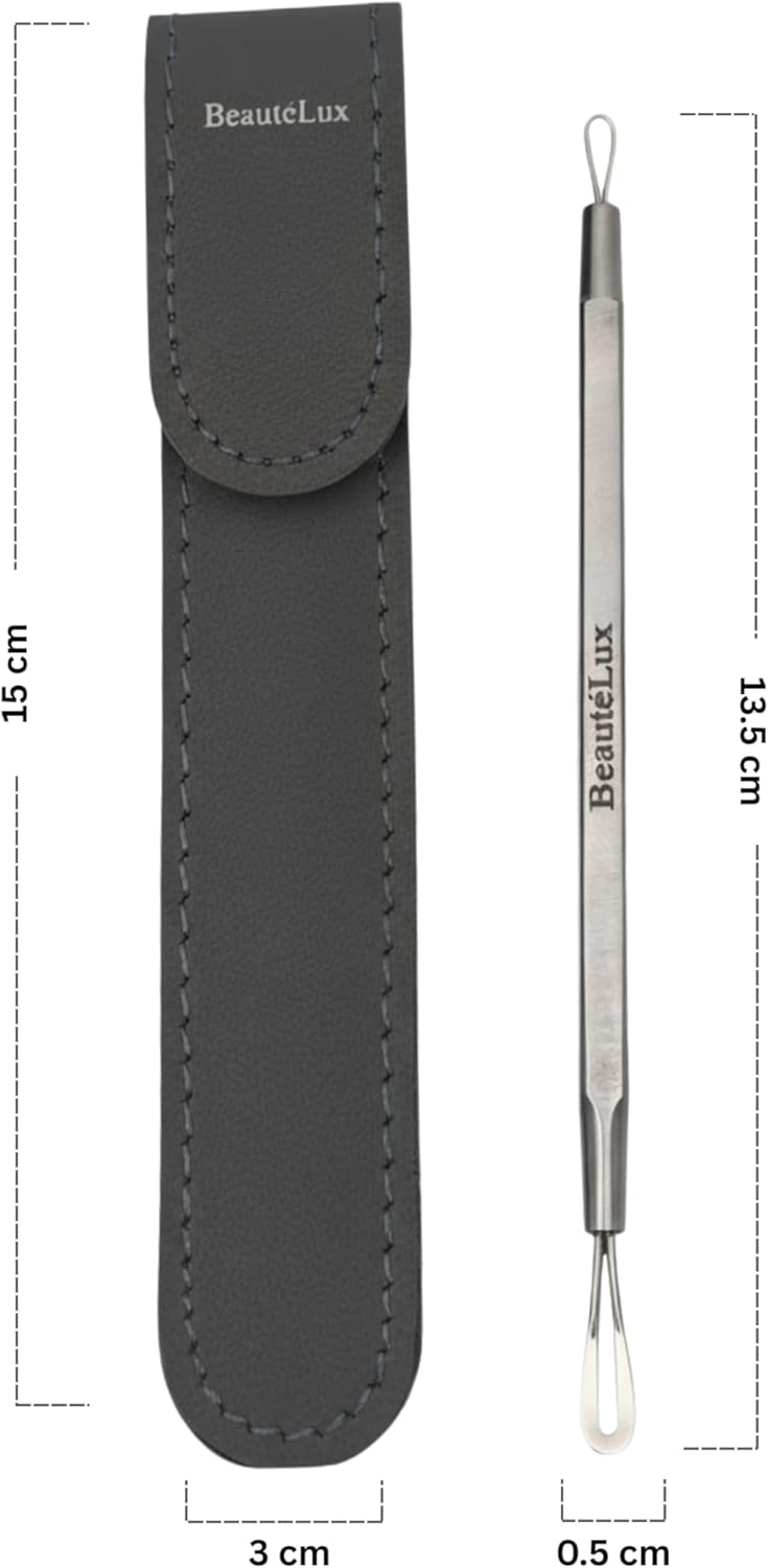 Blackhead Removal Tool - 2-in-1 Stainless Steel Acne Extractor | Dual-Loop Pimple Remover with Grey Leather Pouch