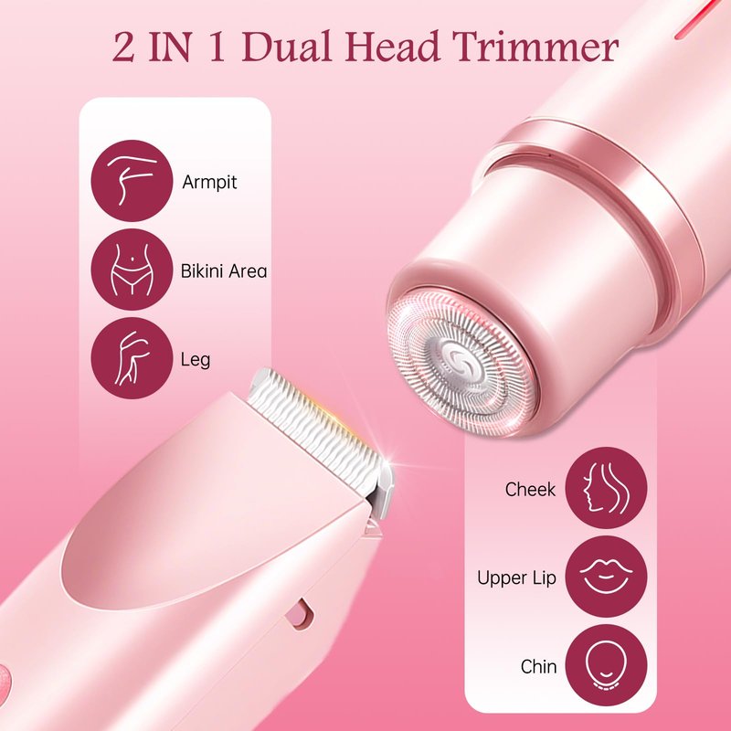 Bikini Trimmer for Women, 2 in 1 Dual Head Womens Electric Shaver, IPX7 Waterproof Electric Razors for Women Pubic Hair, Painless Hair Removal for Face, Body & Intimate Areas (Pink)