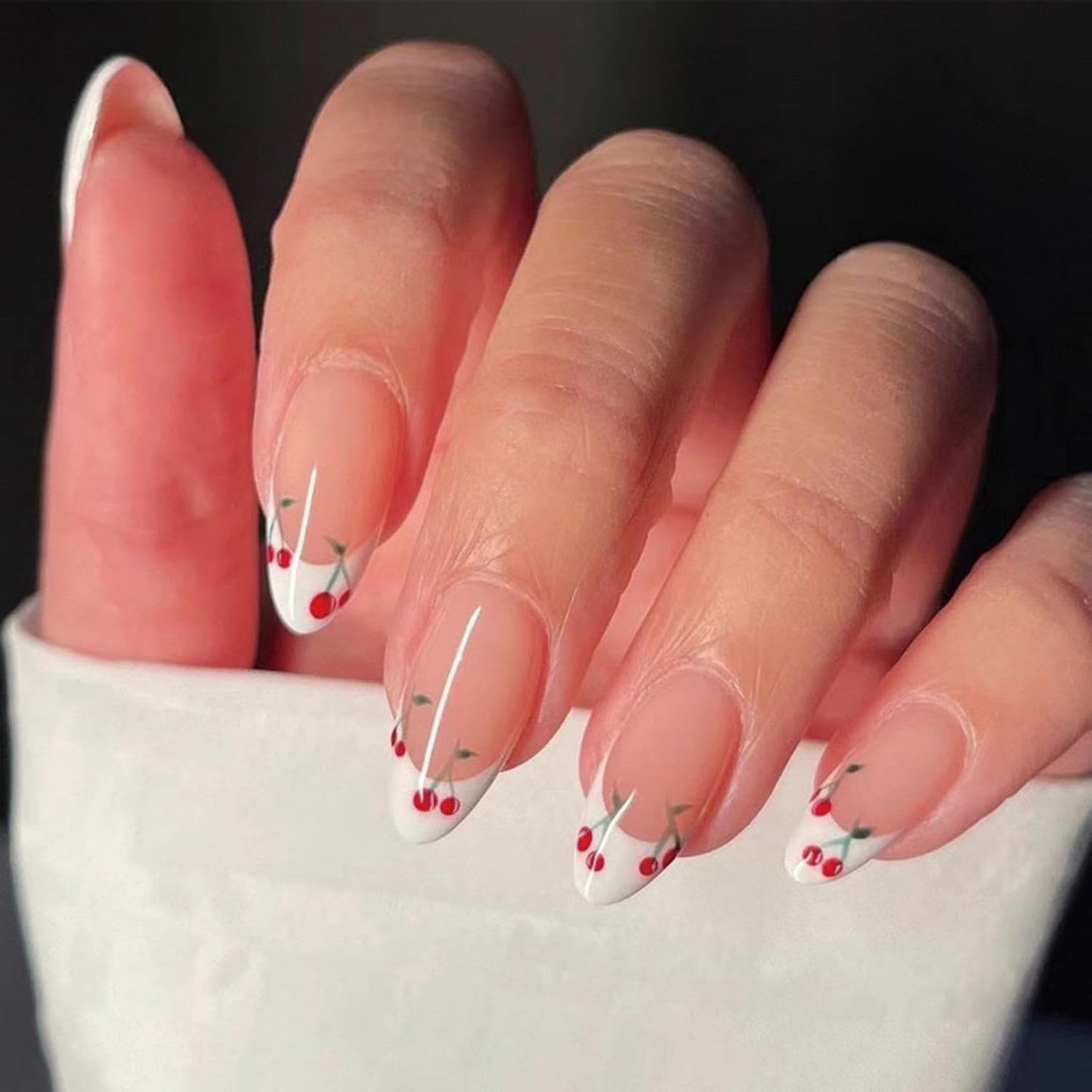 Press On Nails - French Tip Design with Rhinestones | Medium Almond Glossy Full Cover - 24 Pcs