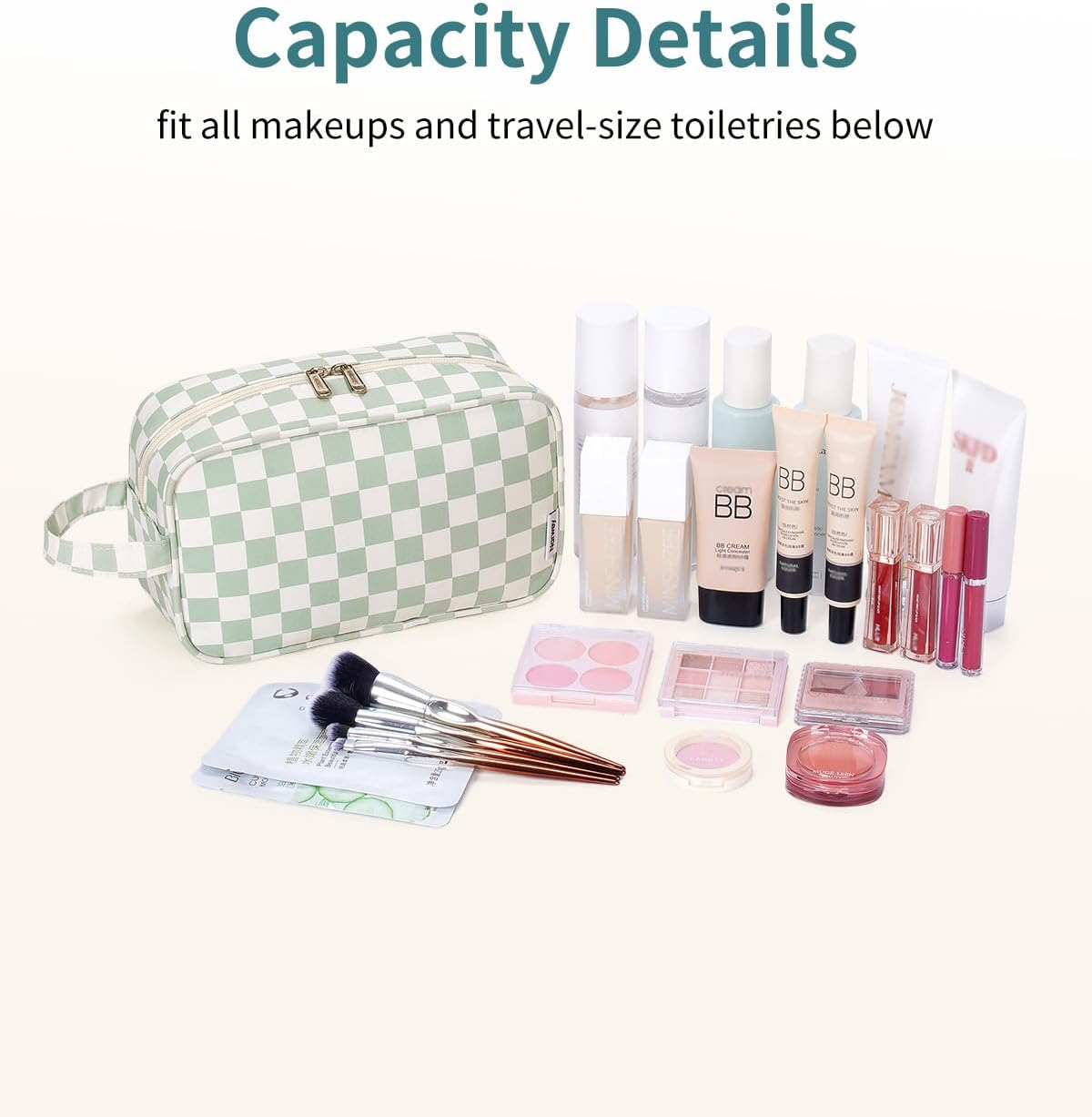 Travel Toiletry Bag for Women - Stylish Dopp Kit with Mint Green Checkerboard Design | Cosmetic & Makeup Organizer