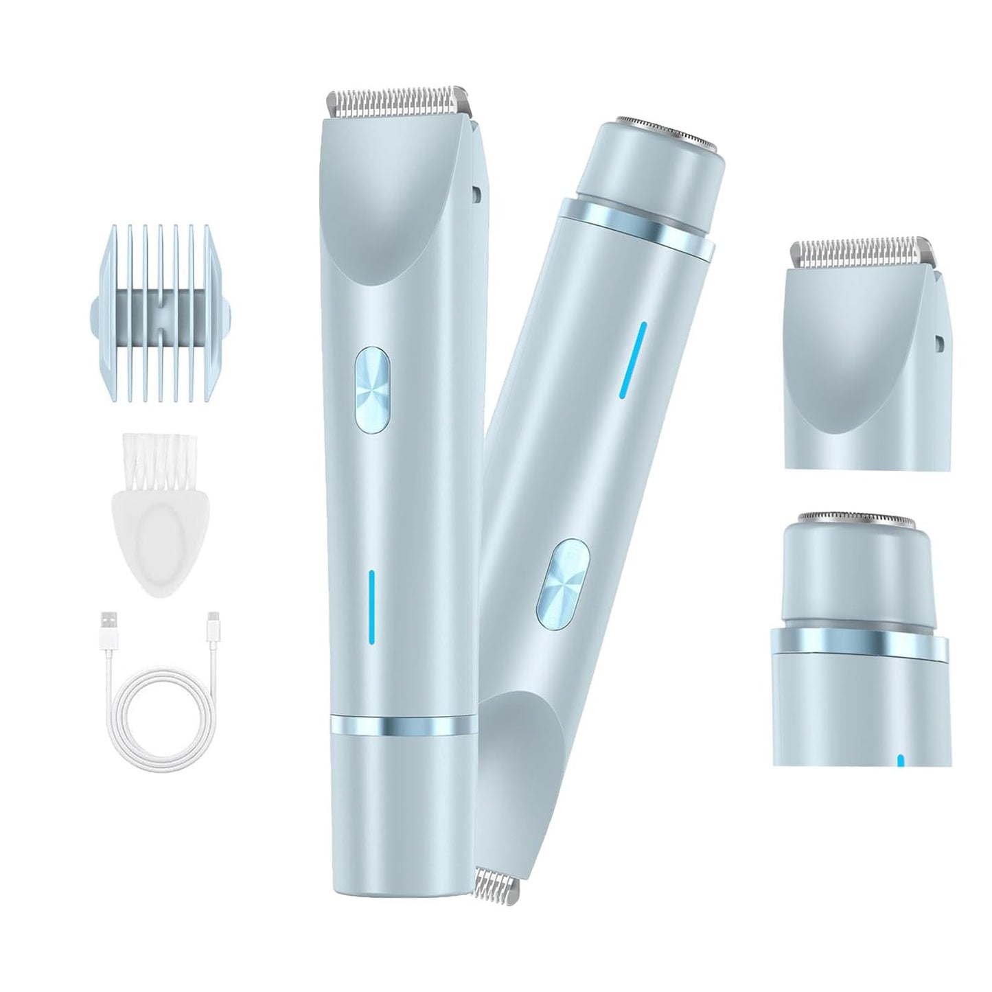 Bikini Trimmer for Women 2 in 1 Painless Electric Razors for Women 120 Min Cordless Runtime IPX7 Waterproof Rechargeable Bikini Shaver with Ceramic Blade for Bikini Body Face Underarm Arm Leg (Blue)