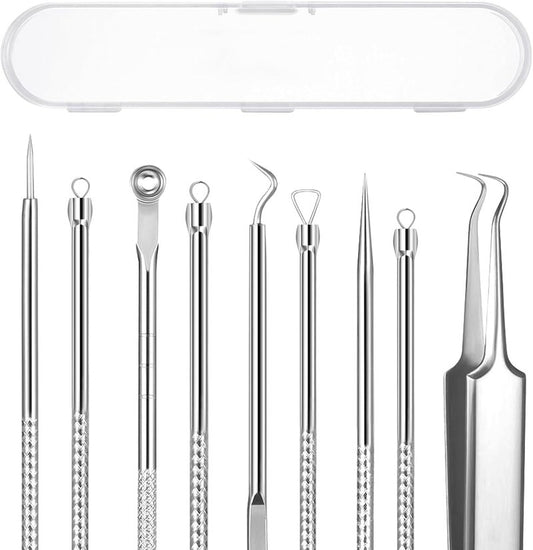 Blackhead Remover Kit - 5PCS Professional Stainless Steel Comedone Extractors for Acne & Blemish Removal | Curved Tweezers Included