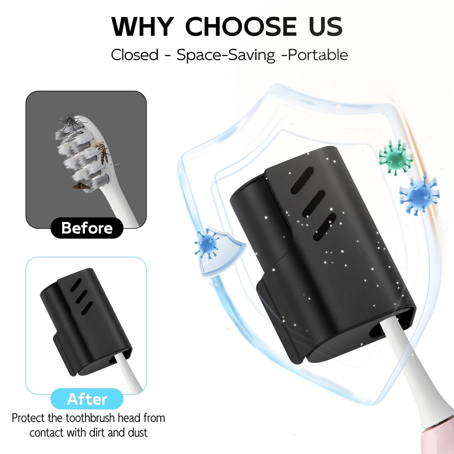 2PCS Aluminum Toothbrush Head Caps, Travel Toothbrush Top Cover, Portable Protector Clip Pod Fits Most Manual and Electric Toothbrush Heads for Household Traveling, Camping, School, Business - Black