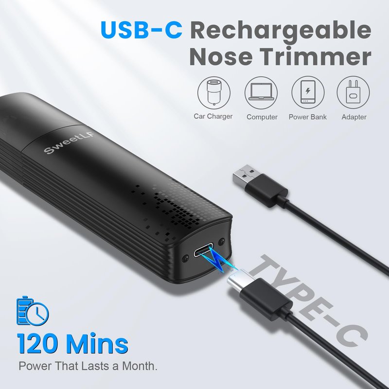 SweetLF Professional 7000 RPM Nose & Ear Hair Trimmer – Whoe Body Washable, USB-C Charging，Pocket-Sized (4.7×1.26inch), Stainless Steel Replaceable Blade (Light Black)