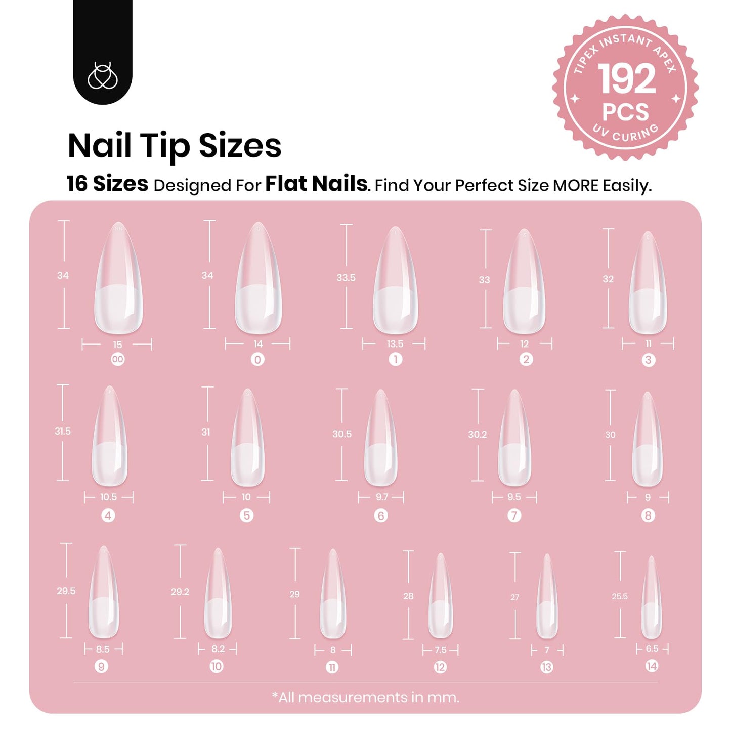 Beetles Tipex Instant Apex Nail Tips, Long Stiletto, 16 Sizes 00–14, 192pcs, No Builder Gel Required, Thicker Strong Acrylic Tips for DIY Salon-look Extensions