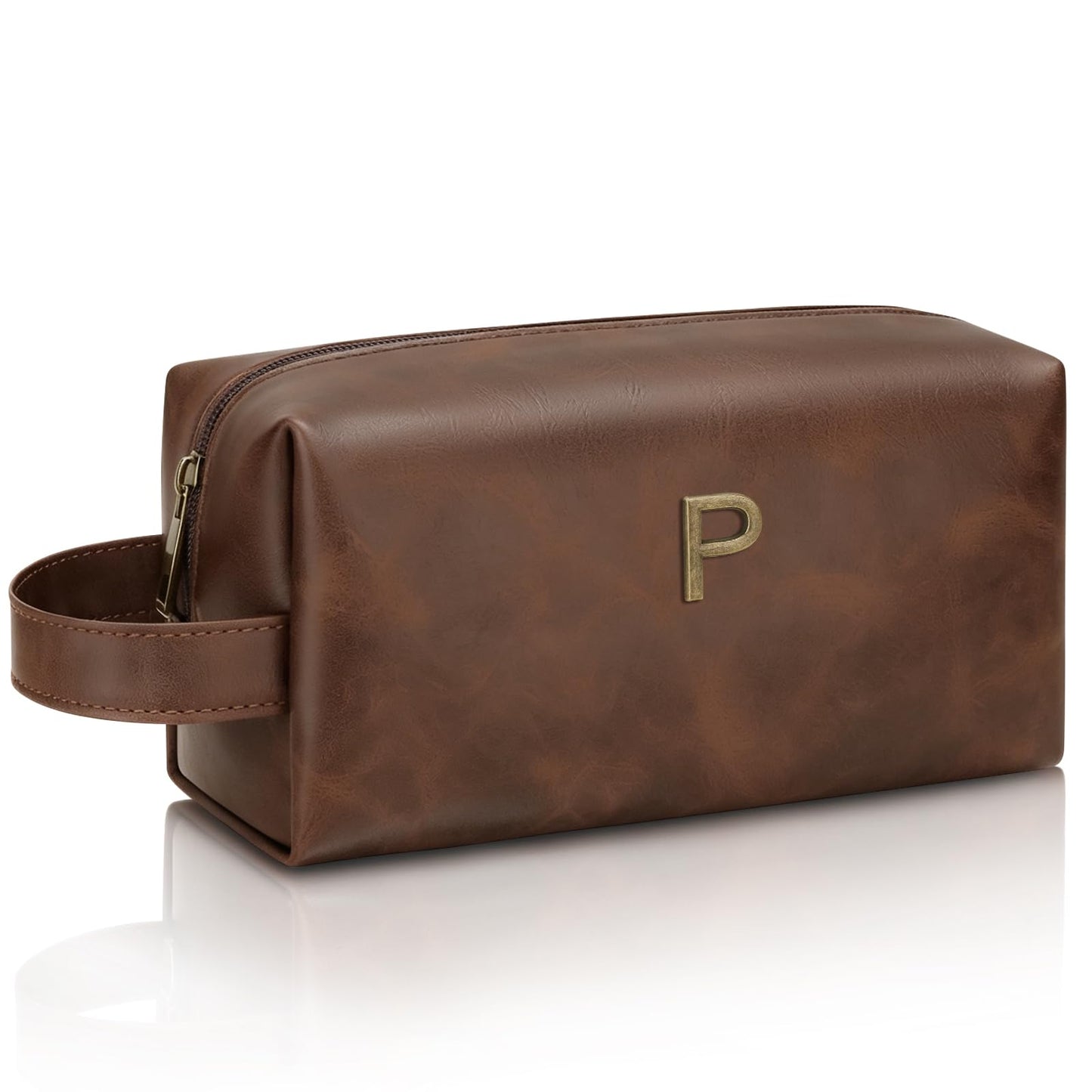 CLOUDWINGS Men’s Personalized Gift Initial Travel Toiletry Bag for Him PU Leather Waterproof Shaving Bag for Travel Essentials Birthday Gift for Dad Husband Boyfriend (P)