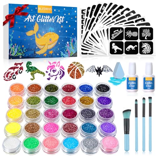 Bledras Temporary Glitter Tattoo Kit for Kids & Adults - 30 Colors & 147 Stencils
