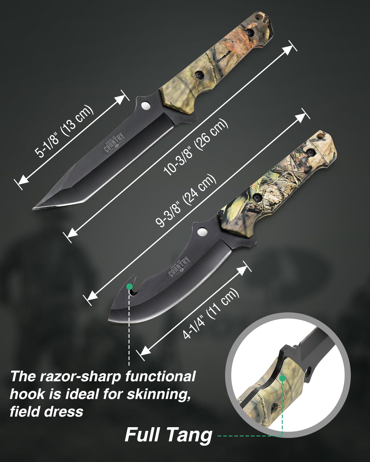 MOSSY OAK Fixed Blade Hunting Knife Set - 2 Piece, Full Tang Handle Straight Edge and Gut Hook Blades Game Processing Knife, Sheath Included