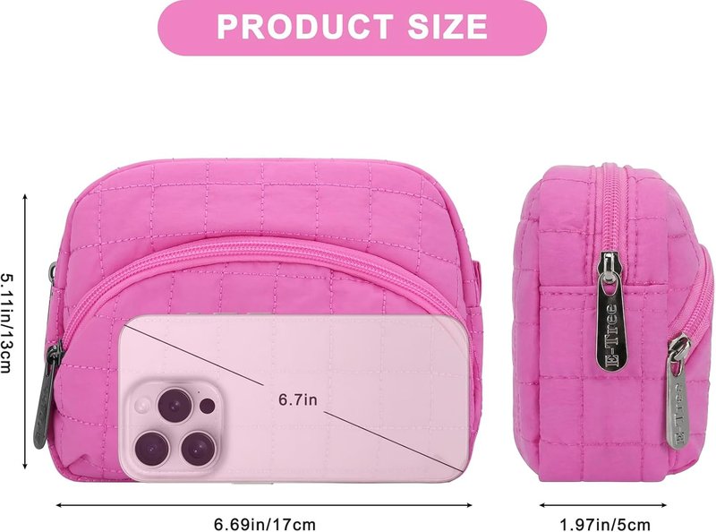 Quilted Makeup Bag - E-Tree Puffer Cosmetic Pouch for Women | Travel Toiletry Organizer Case (Pink)