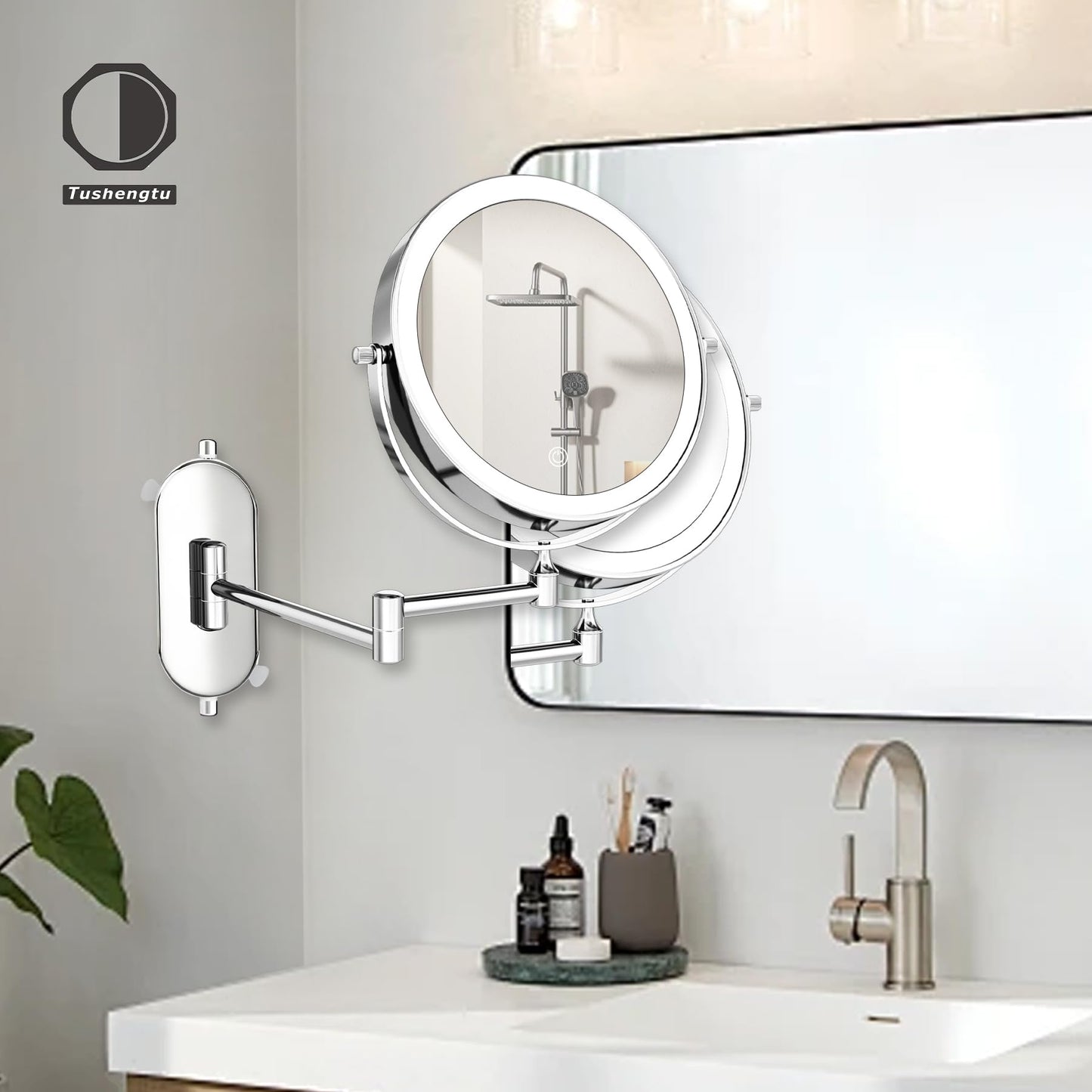 8“Lighted Makeup Mirror Wall Mounted Suction Cup,1X/10X Magnifying Mirror Rechargeable No Drilling Wall Mounted Makeup Mirror Swing Arm, 2000mAh USB Charging, Wall Mount for Bathroom & Shaving Chrome