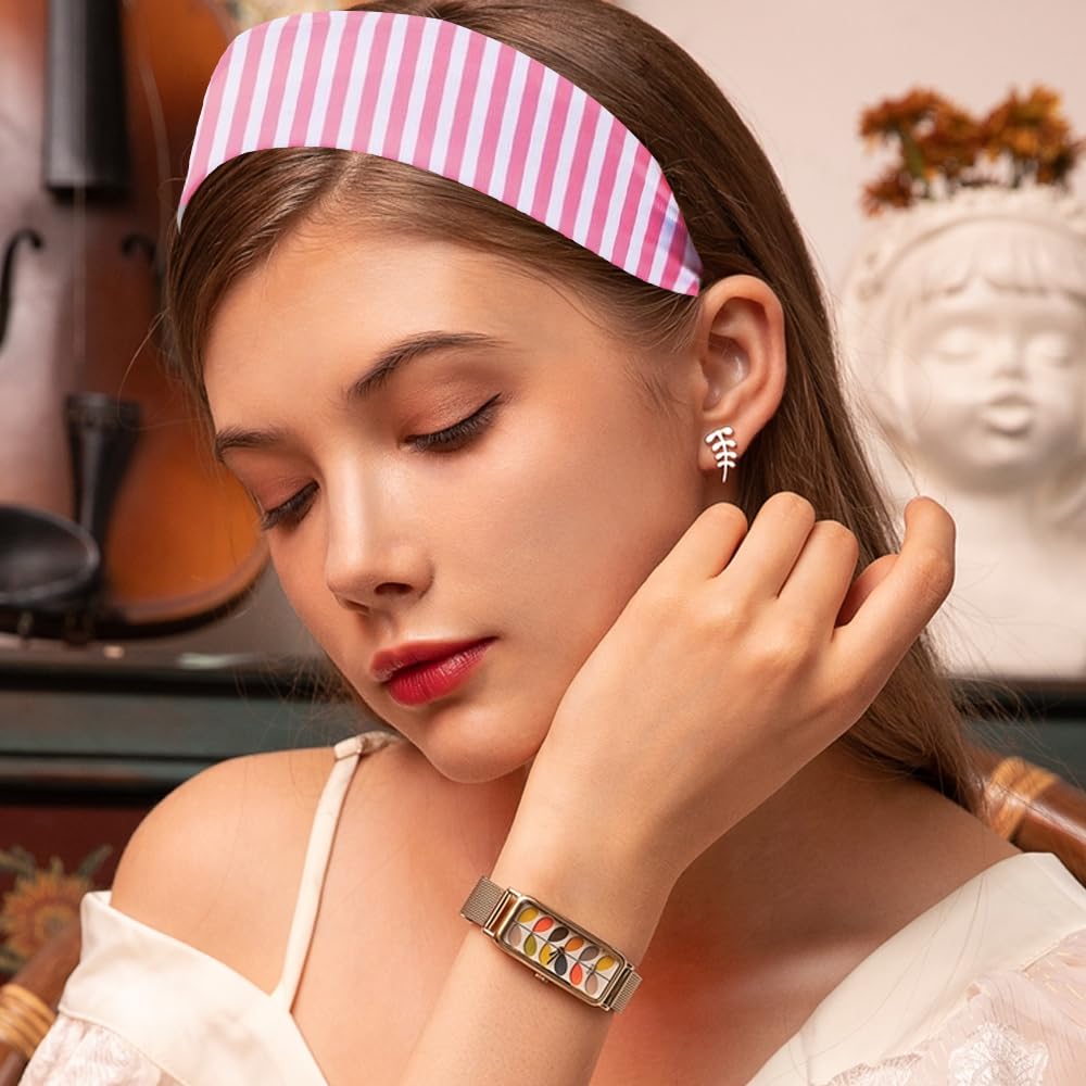 Arvintas 4PCS Striped Headbands for Women - Non-Slip Cotton Cloth Wide Elastic Stretchy Fashion Head Bands, Soft Fabric Hair Accessories for Yoga, Running, Workout