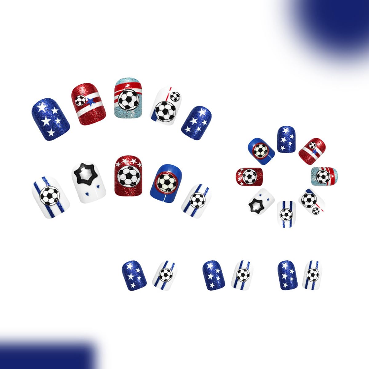 Soccer Press On Nails - Short Square Fake Nails Press ons with Glitter Star & Striped Design Reusable Glue On Nail Full Cover Stick on Nails, World Cup Sports Game Nail Art for Women Manicure 24Pcs