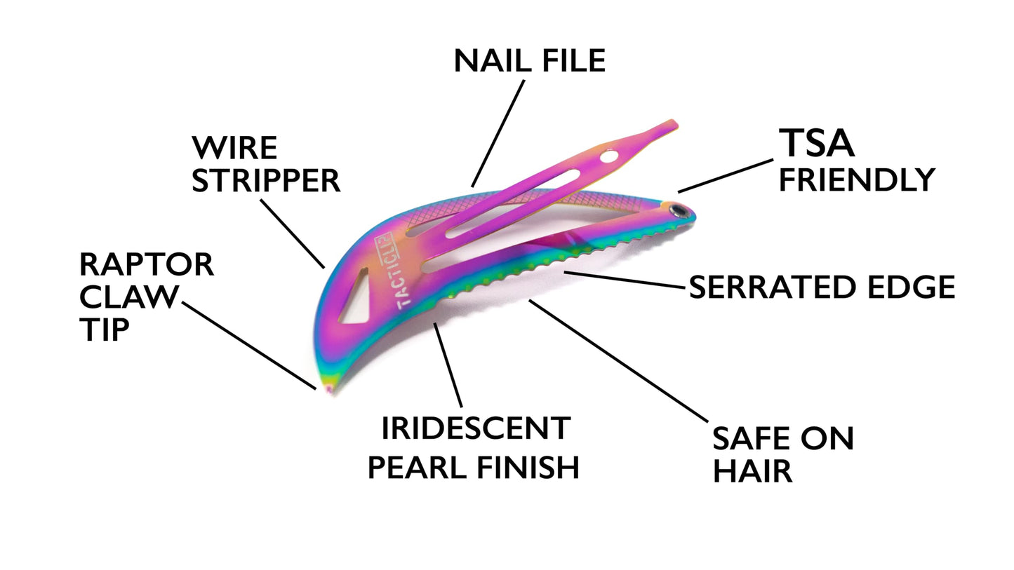 Iridescent Tactical Hair Clips 2.0, 4 Pack - Multitool Snap Barrettes - SUS301 Stainless Steel Multi-Functional Keychain Multi Tool - Nail File, Serrated Edge, Raptor Claw - Kippah Tacticlips
