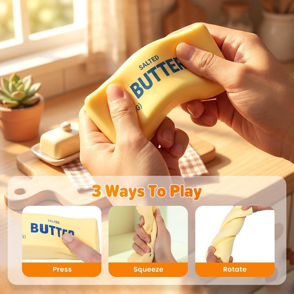 Slow Rebound Cute Butter Squeeze Stress Balls, 2026 New Squeeze Ball Realistic Butter Stick Soft Squeeze-Toys, Upgrade Stress Relief Fidget Toys Wet Slow Rebound Stress-Relief-Toy Yellow 3pcs