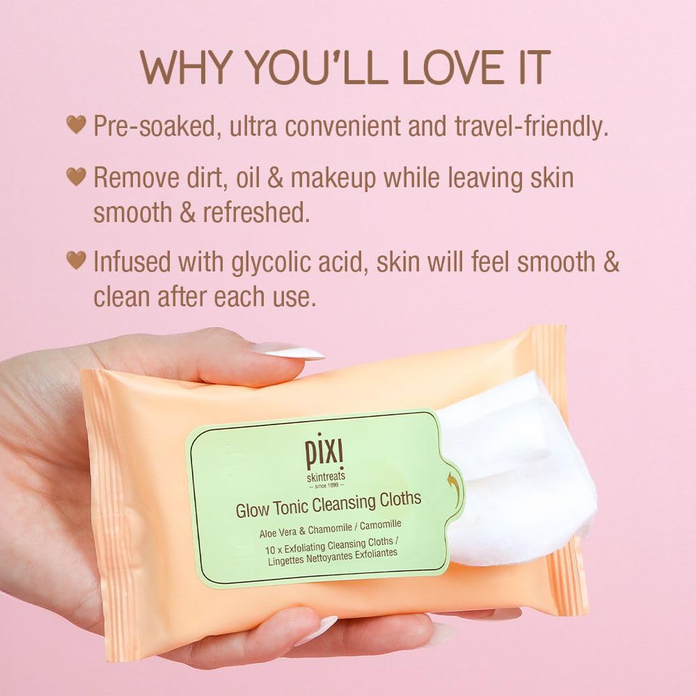 Pixi Beauty Glow Tonic Cleansing Cloths - Exfoliating & Hydrating Face Wipes | Pack of 10 Towelettes
