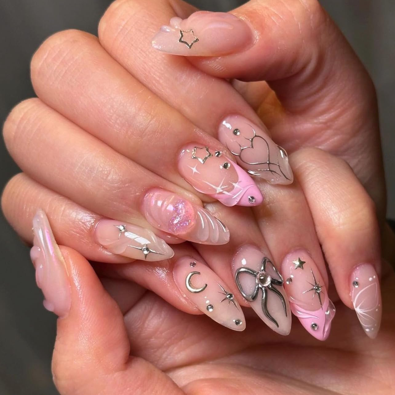 Press On Nails Almond - Medium Aurora Design Full Cover Fake Nails | 24 Pcs White Stick-On for Women