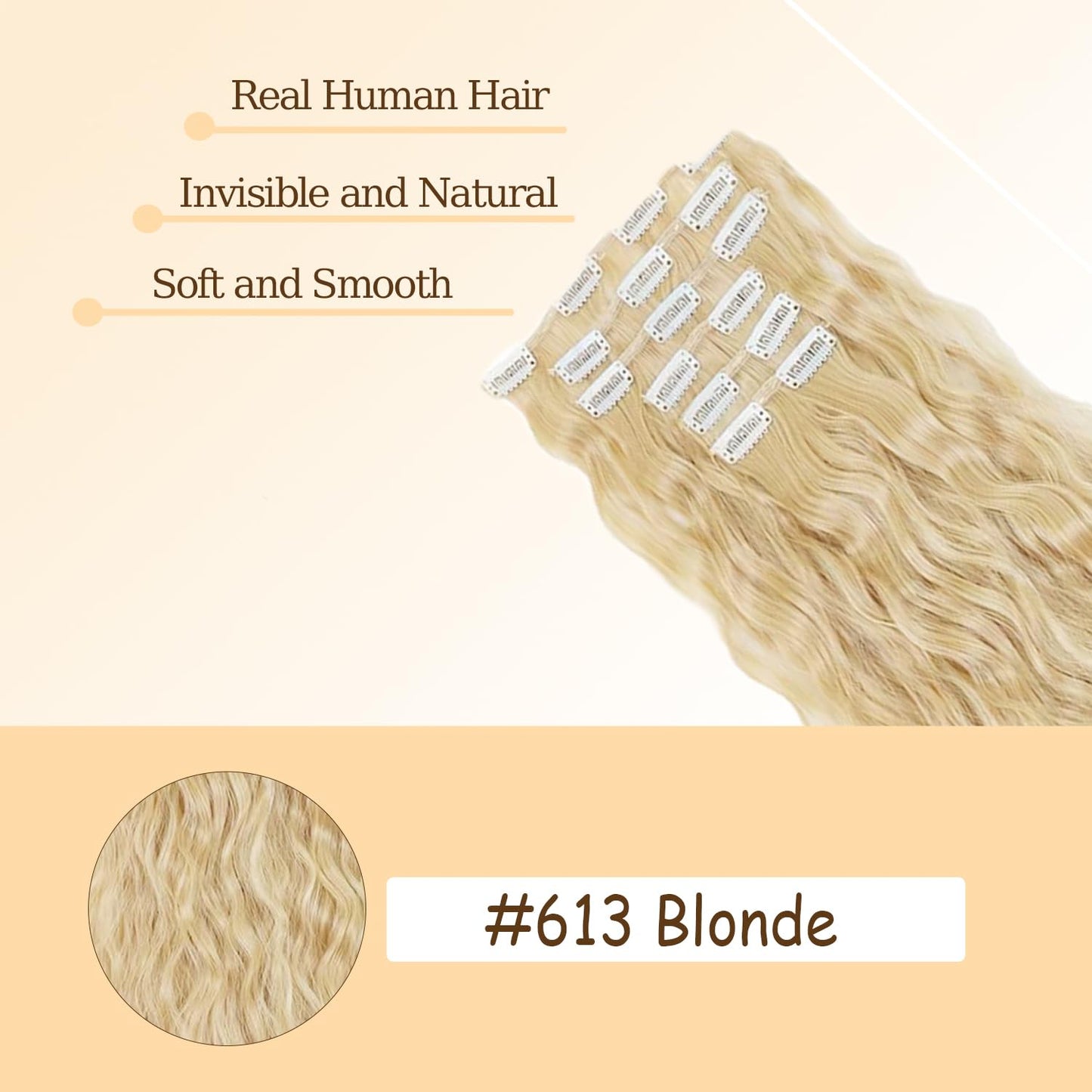 #613 Blonde Clip in Hair Extensions Real Human Hair, 32 Inch 120g/7Pcs,Full Shine Remy Human Hair,Blonde Long Wave Clip ins Brazilian Virgin Human Hair Extensions
