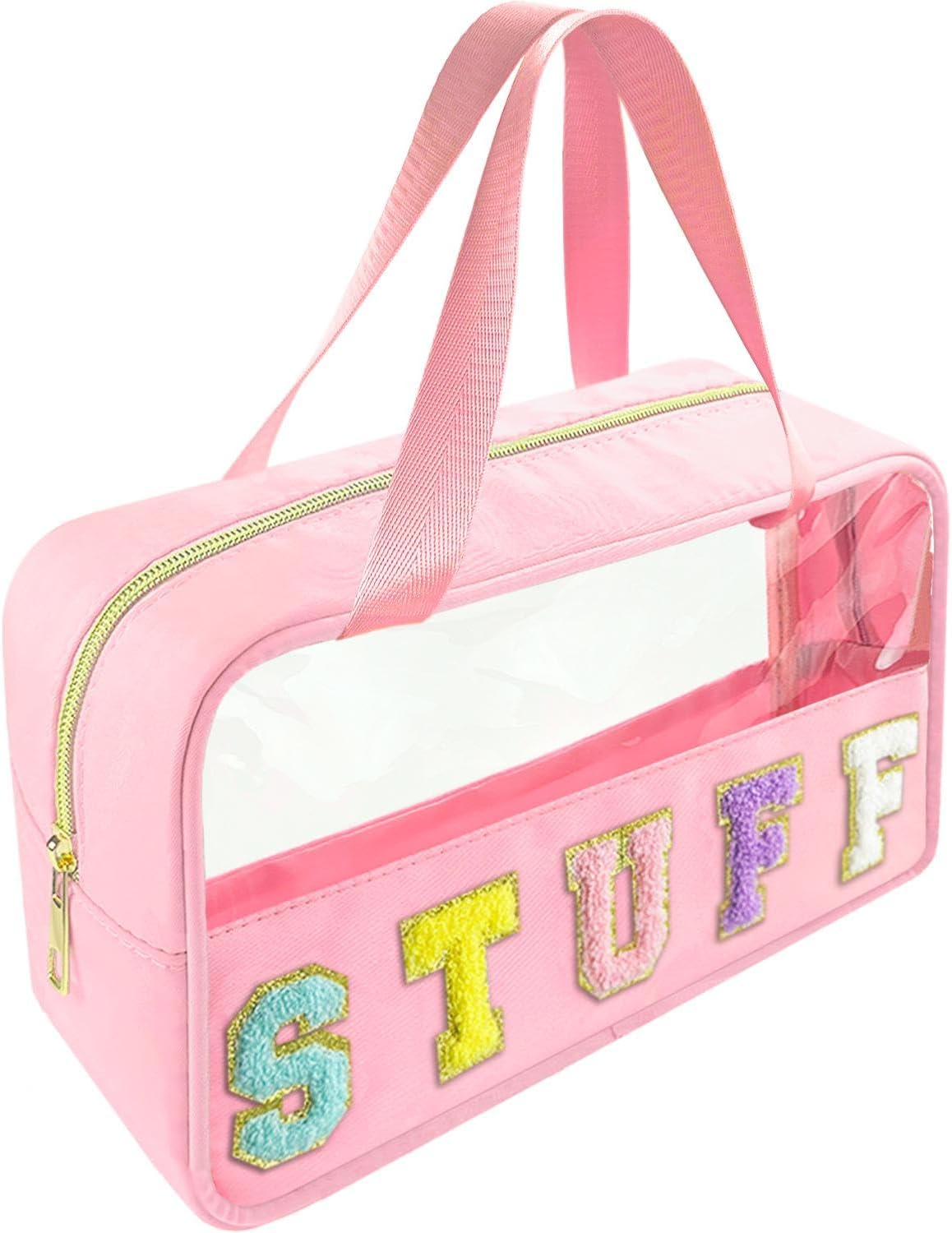 Chenille Letter Clear Makeup Bag - Waterproof Travel Toiletry Bag with Handle | Preppy Dance Patch Design (Black)