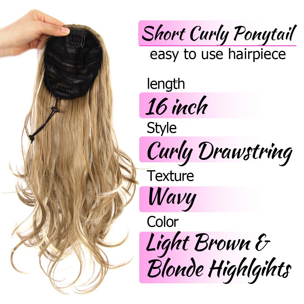 Curly Ponytail Drawstring, 16 In, Light Brown with Highlights