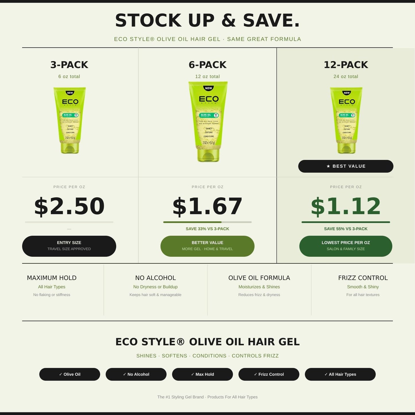 Eco Style Olive Oil Hair Gel – 3 Pack (2 oz Each) 6 oz Total | Maximum Hold Styling Gel for Smooth, Shiny & Frizz-Free Hair