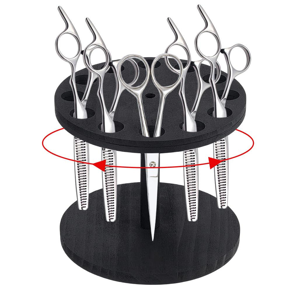 AHANDMAKER 12 Holes Rotating Scissor Holder 360° Wooden Barber Tool Organizer with 0.7in Diameter Hole Tool Storage for Salon Station Art Studio Decoration, Black