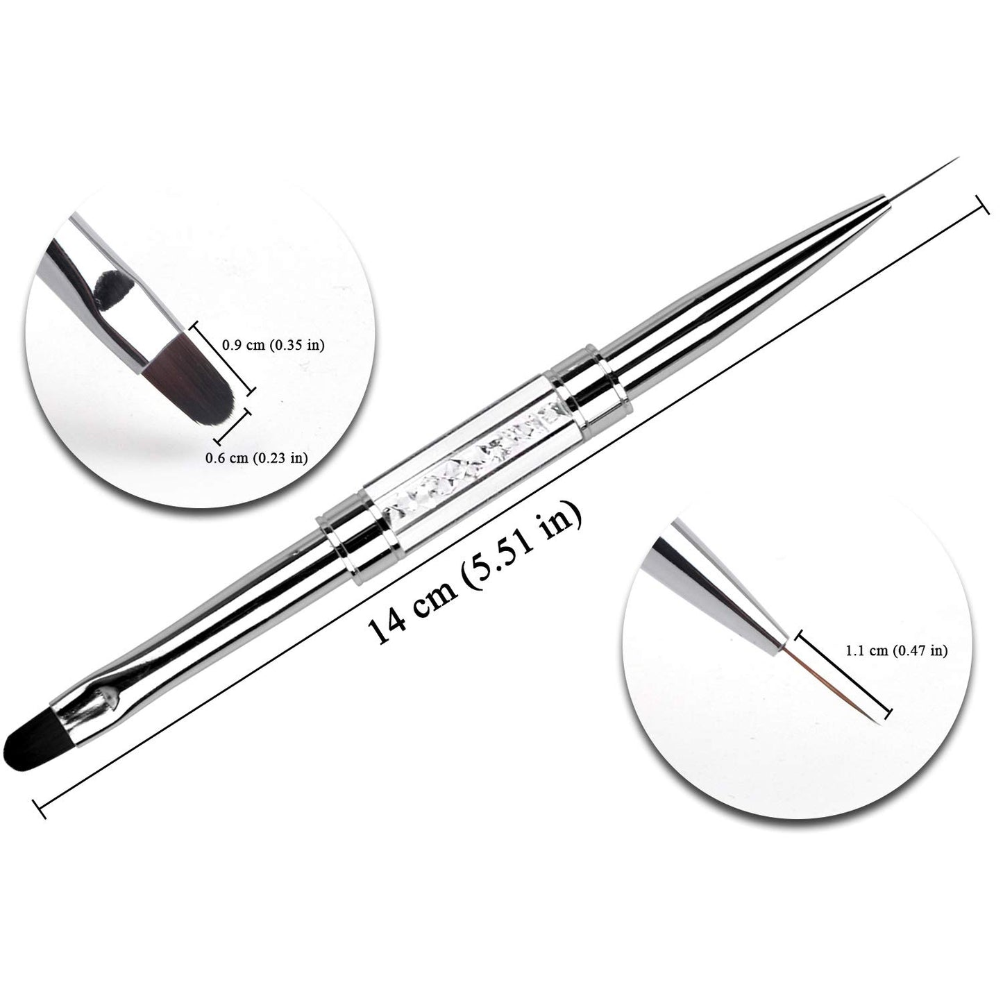 Ycyan 1Pcs Dual-ended UV Builder Gel Nail Brush Rhinestone Handle Nail Art Liner Brush Polygel Hard Gel Nail Brushes White