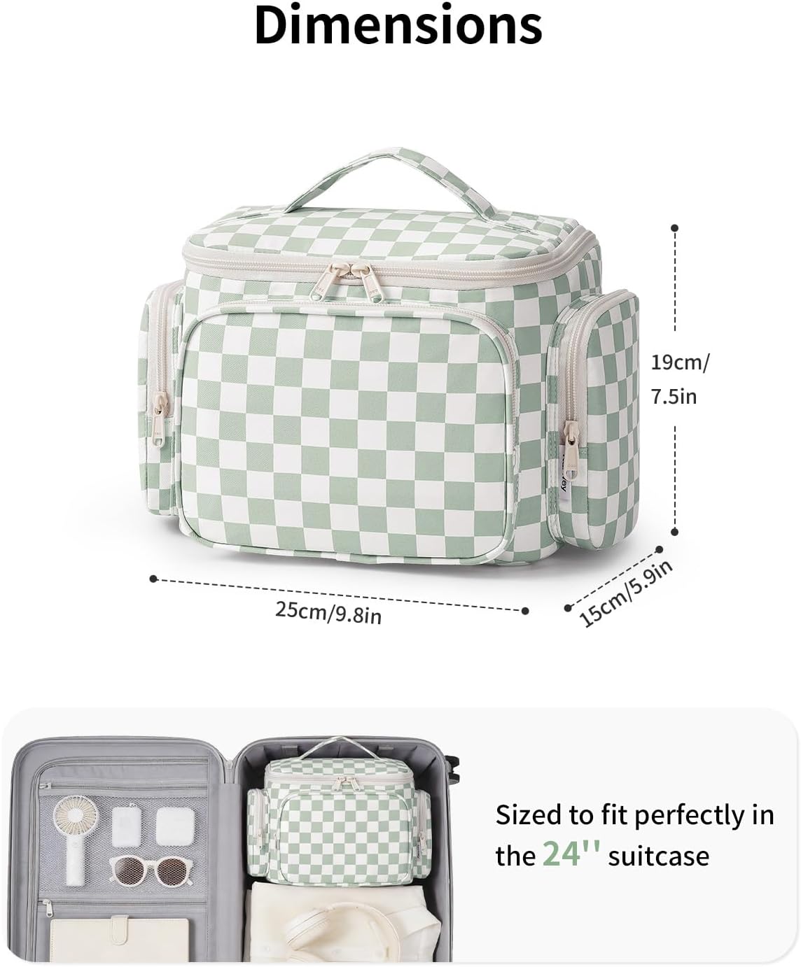 Narwey Travel Toiletry Bag - Wide Open Makeup Organizer with Wet Pocket | Green Checkerboard