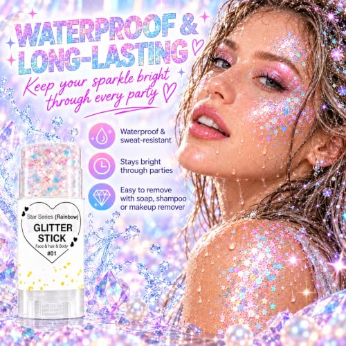 01Rainbow Rainbow White Hair Glitter Stick for Kids & Adults - Face, Body & Hair Sparkle