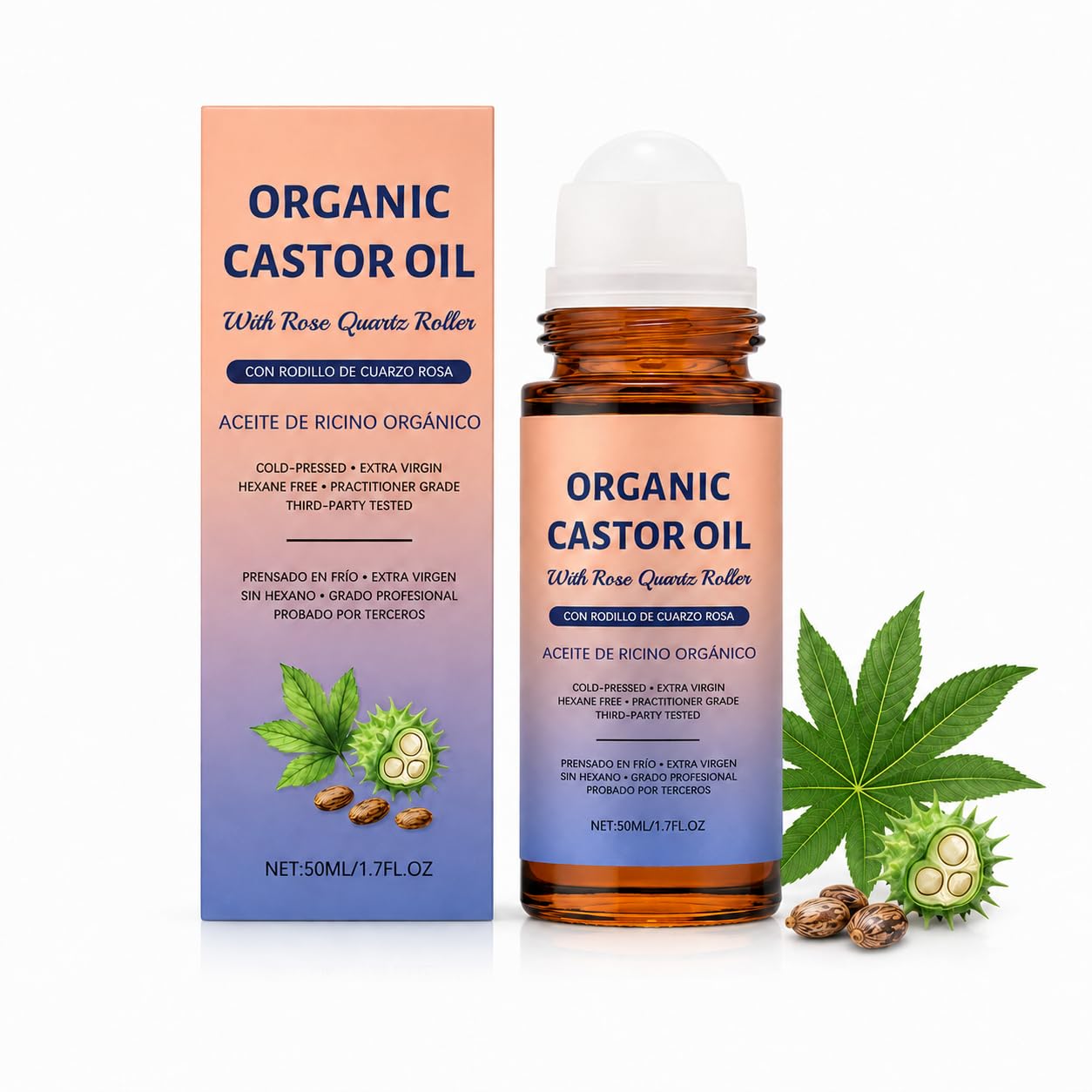 KOJIVA Organic Castor Oil Rose Quartz Roller Ball，100% Pure Cold-Pressed, Moisturizing & Nourishing Castor Oil for Skin, Hair, Eyebrows, and Lashes, Roll-On Applicator (1Pcs)
