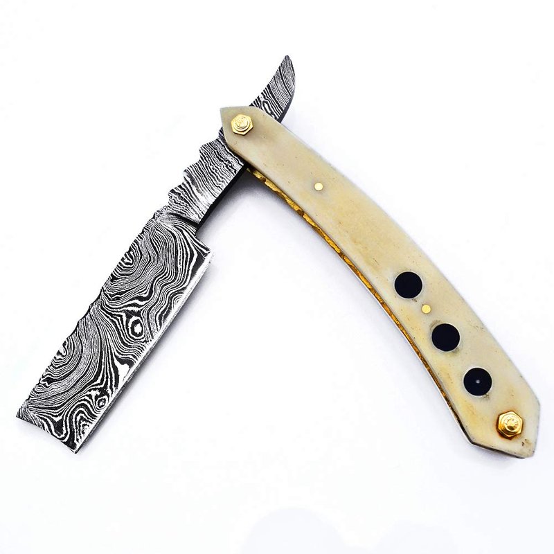Damascus Steel Straight Razor Folding Razor With Shaving Ready Classic Barber Blade Edge, Men Straight Razor, Leather Case + Strop, Close Shave, Great Gift R-79
